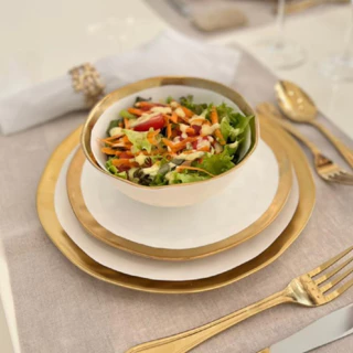 Prato Raso Wolff de Jantar Almoço 25cm Porcelana Dubai Branco com Dourado Gold Luxo Requintado