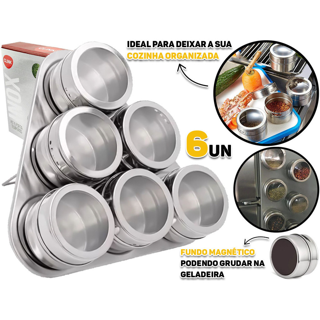 Conjunto Porta Condimentos Magnético 6 Unidades Aço Inox Com Suporte Clink	
