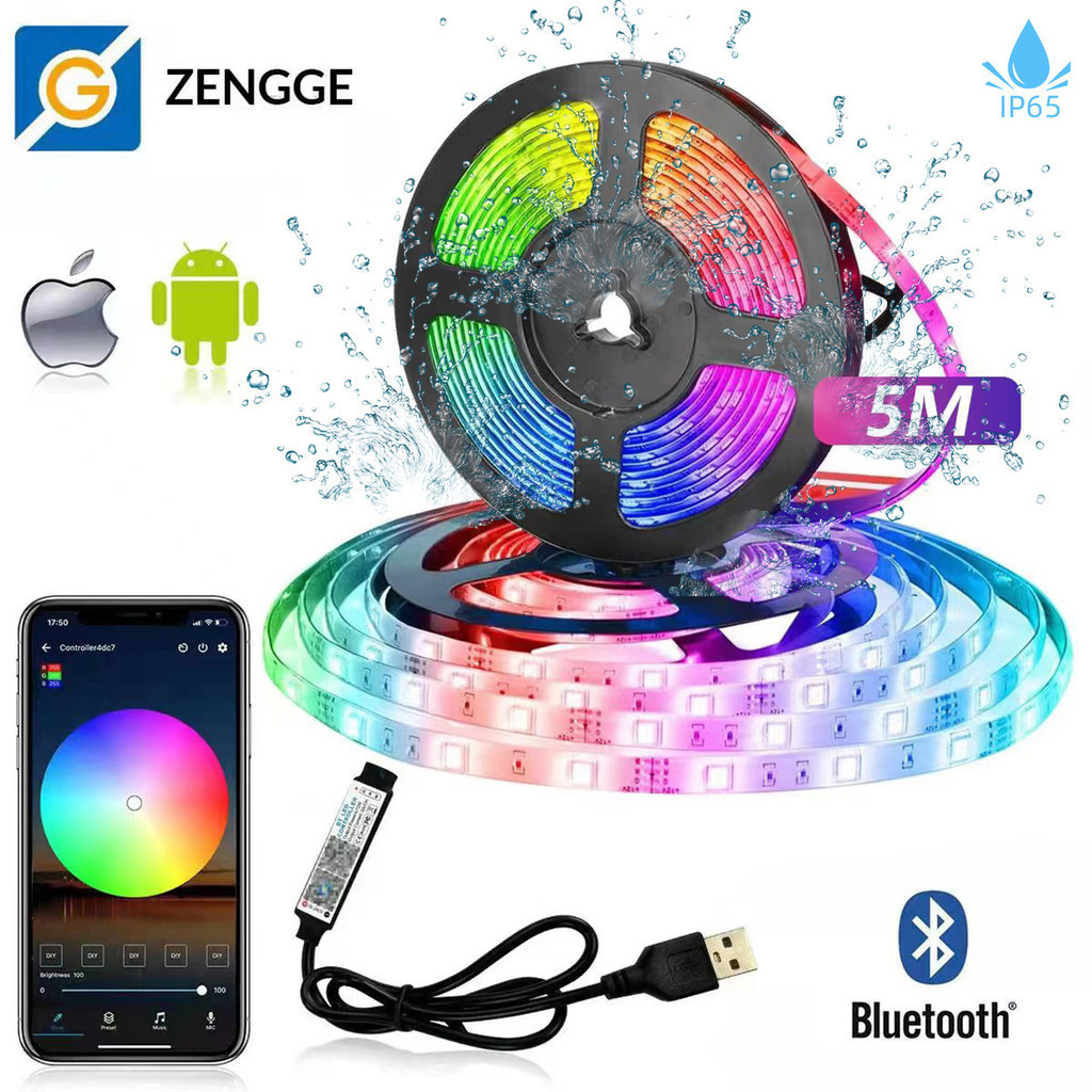 Faixa de LED RGB 5050 colorida, com 5/10 metros de comprimento e 16 cores, acompanhada de um controlador Bluetooth para celular