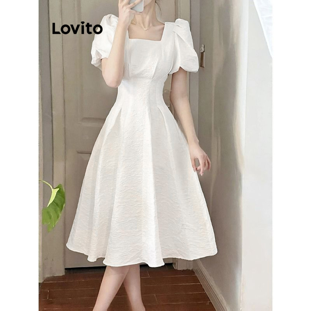 Lovito Vestido Plissado Simples Casual para Mulheres LNE35287 (Branco)