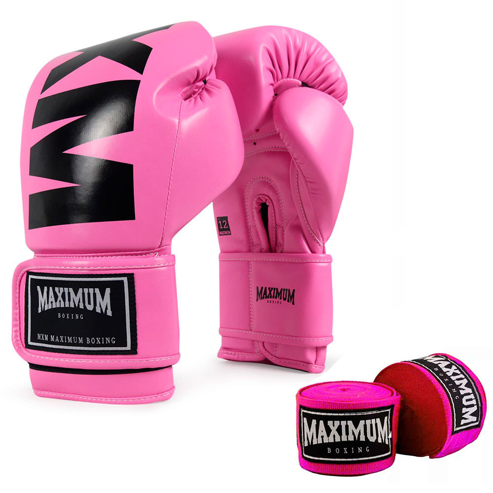 Luva MXM Muay Thai Boxe Maximum + Par De Bandagem Rosa 3m