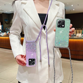 Capa Para Telefone Quente Redmi Note13 Pro + Plus 13C POCO X6 M6 C65 4G 5G Note 13 13Pro Glitter Transparente TPU Traseira Macia Com Alça O Pescoço Caixa Smartphone Corda