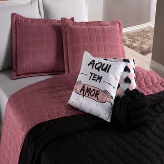 Kit Cobre Leito Paris Colcha Dupla Face 08 Peças Casal Queen Preto com Rose