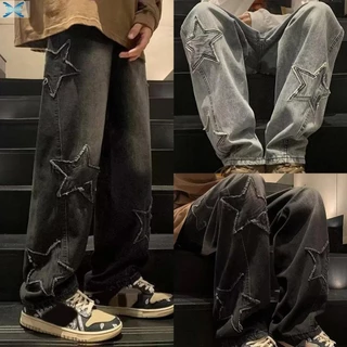 Y2K Vintage Coreano Roupa De Rua Masculina Estrela Estética Jeans De Perna Larga Preto