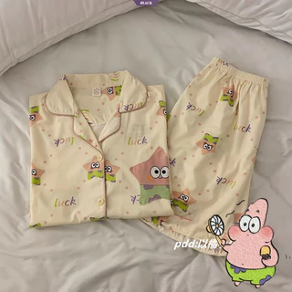 Desenho Animado Japonês Patrick Star Pijamas Feminino De Verão Novo Estilo Ins Cute Cardigan Conjunto De Calções De Manga Curta Para Casa [BL]