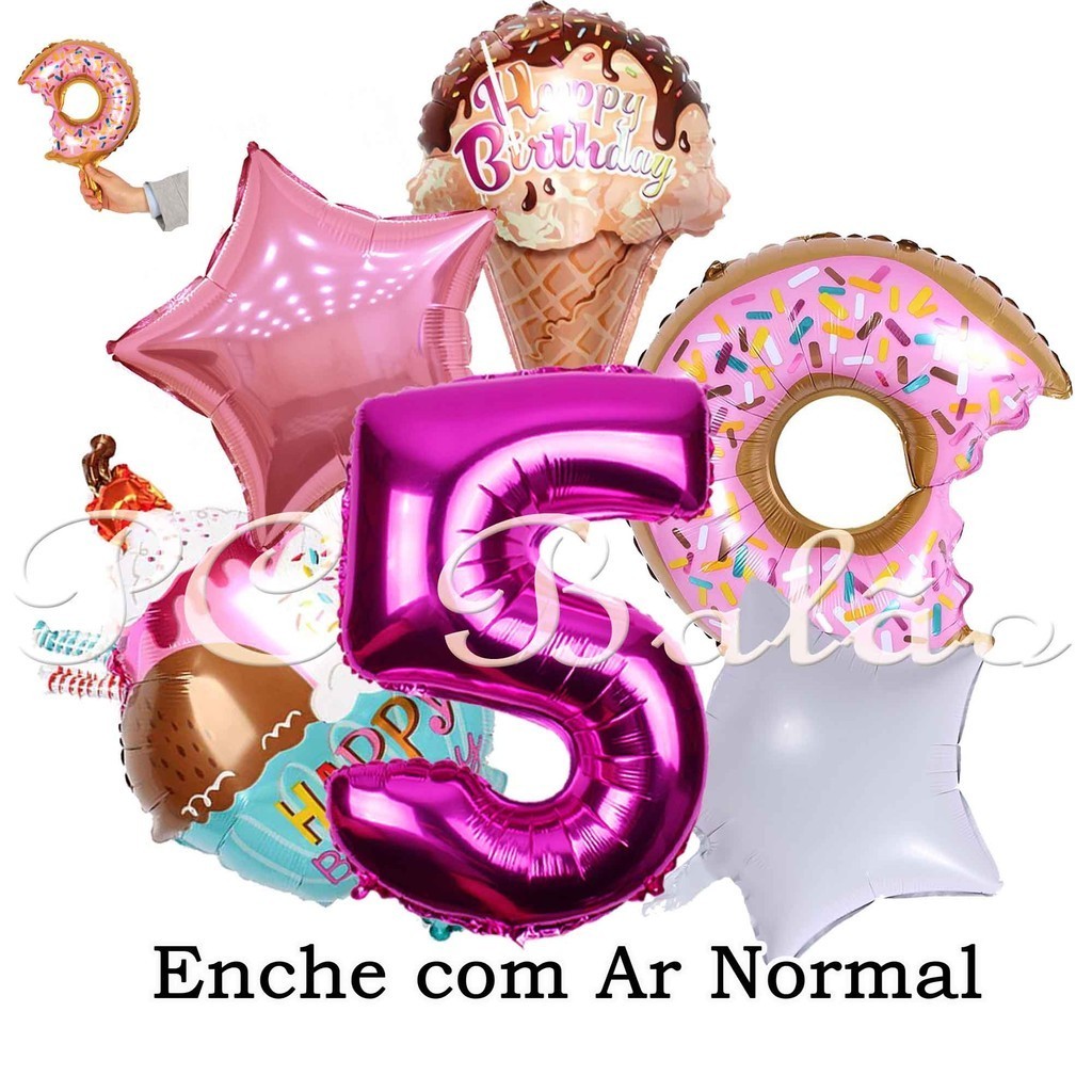 6 Balão Metalizado 1 Rosquinha Donuts 1 Casquinha 1 Sorvete + 1 N° 40cm ROSA PINK+ Estrela 22CM (1 BRANCA 1 ROSA CLARO)
