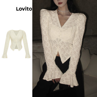 Lovito Camiseta Feminina Casual De Tecido Texturizado Com Botão Liso E Manga Trompete L76AD046