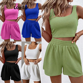 Lovito Conjuntos Casuais De Shorts De Malha Canelada Simples Para Mulheres LNL42022