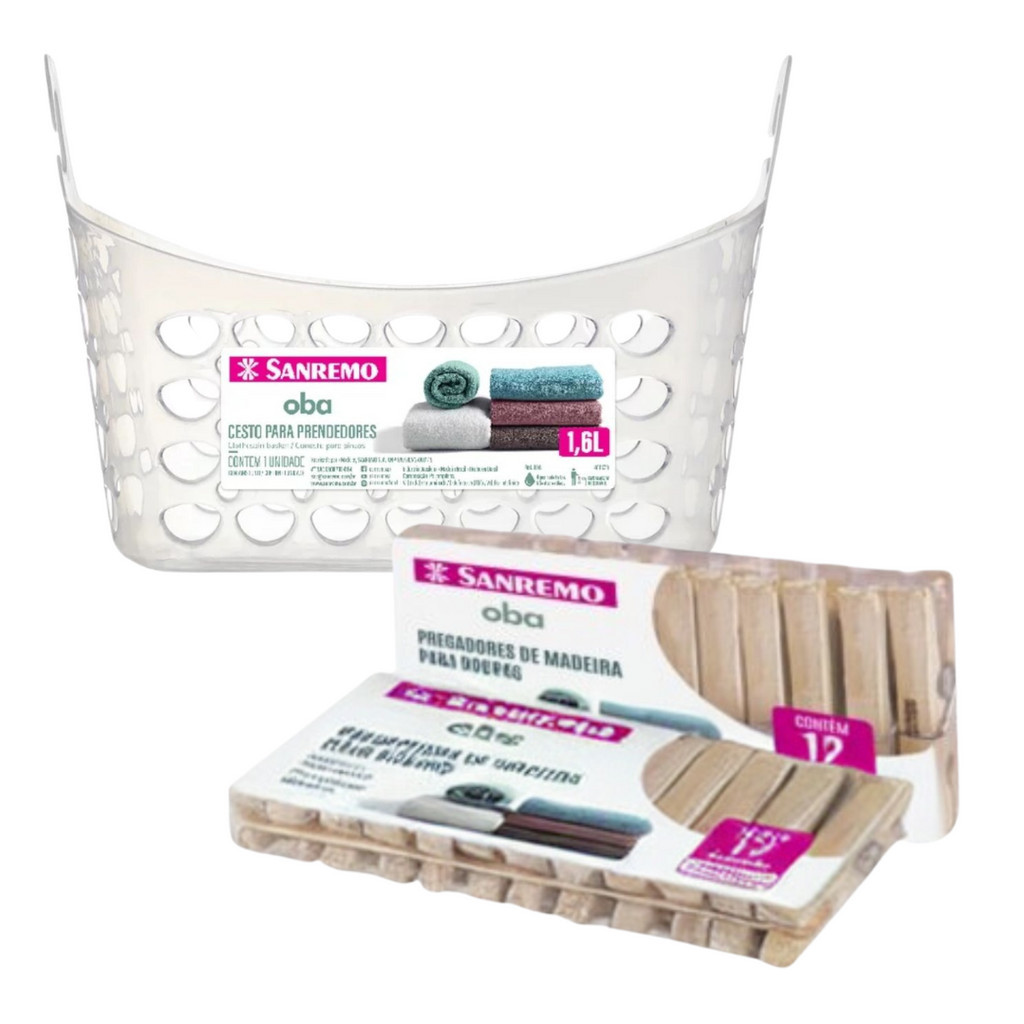 Kit Predendor de Roupa 12un Sanremo + Cesto Porta Pregador 1,6L Lavandeira Casa