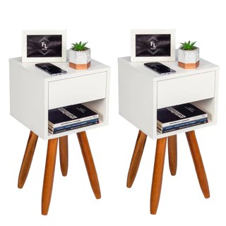 Kit 2 Mesas de Cabeceira Retrô 30cm Branco 1 Gaveta e Nicho Pés Palito Madeira Maciça Quarto Cama
