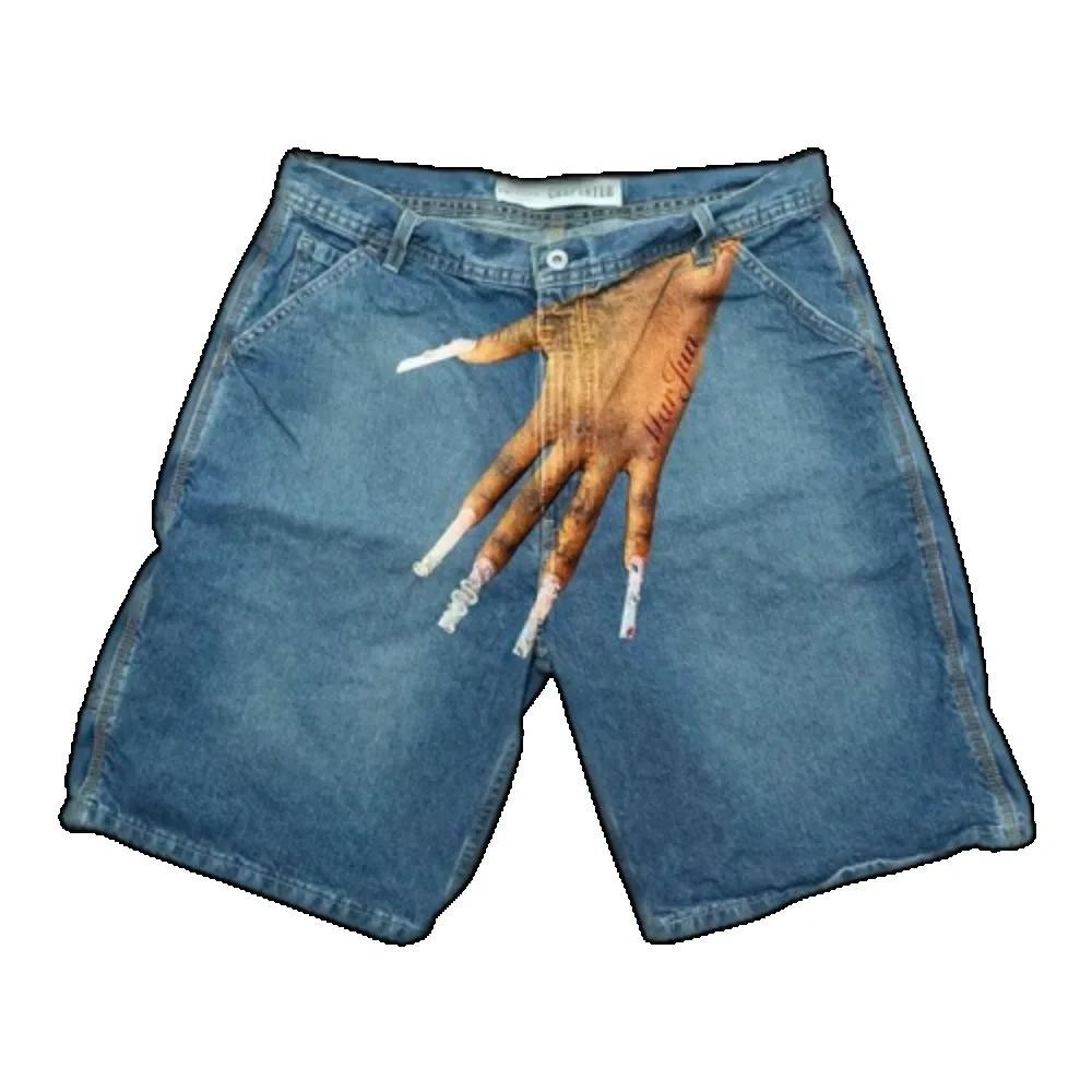 Calça De Rua Harajuku Hip Hop Finger Print Retro Blue Baggy Denim Gym Short Men Basquetebol Sobre Joelho