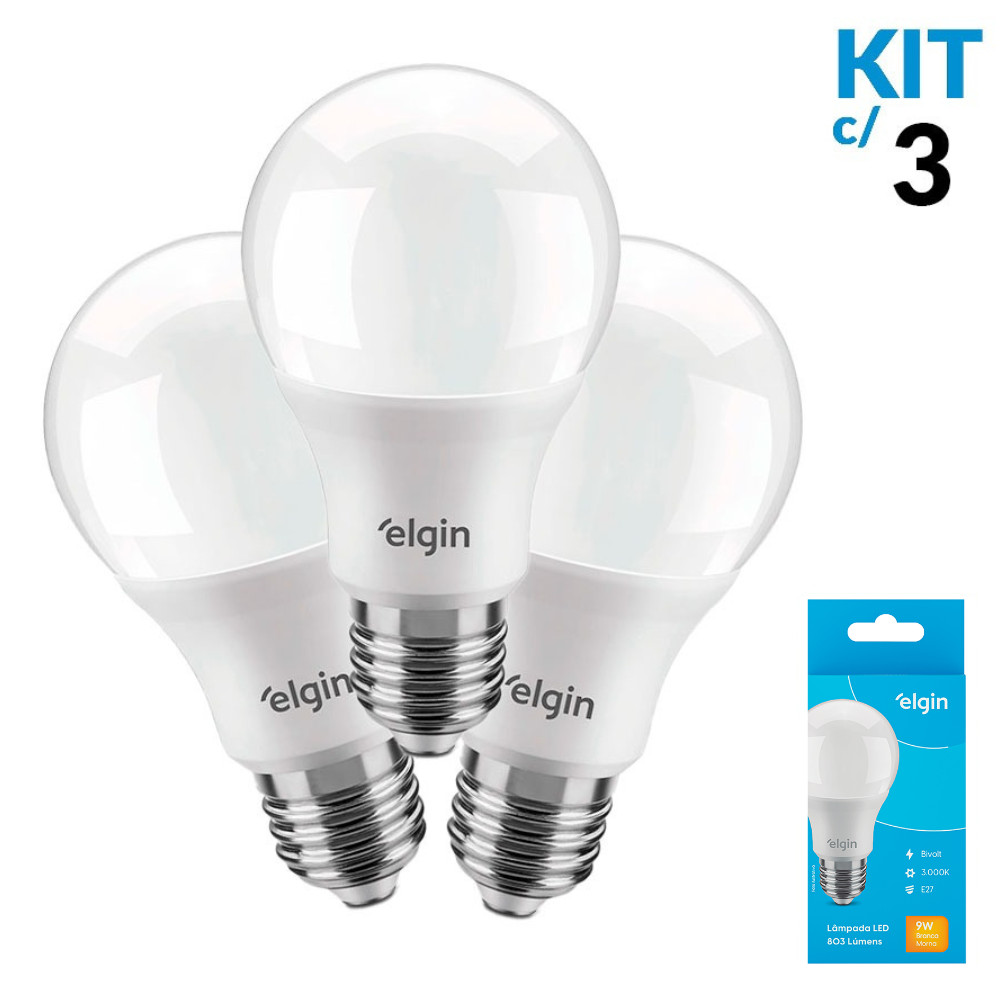 Kit com 3 Lâmpadas Bulbo Led 9W Bivolt 3000K Branco Quente Elgin