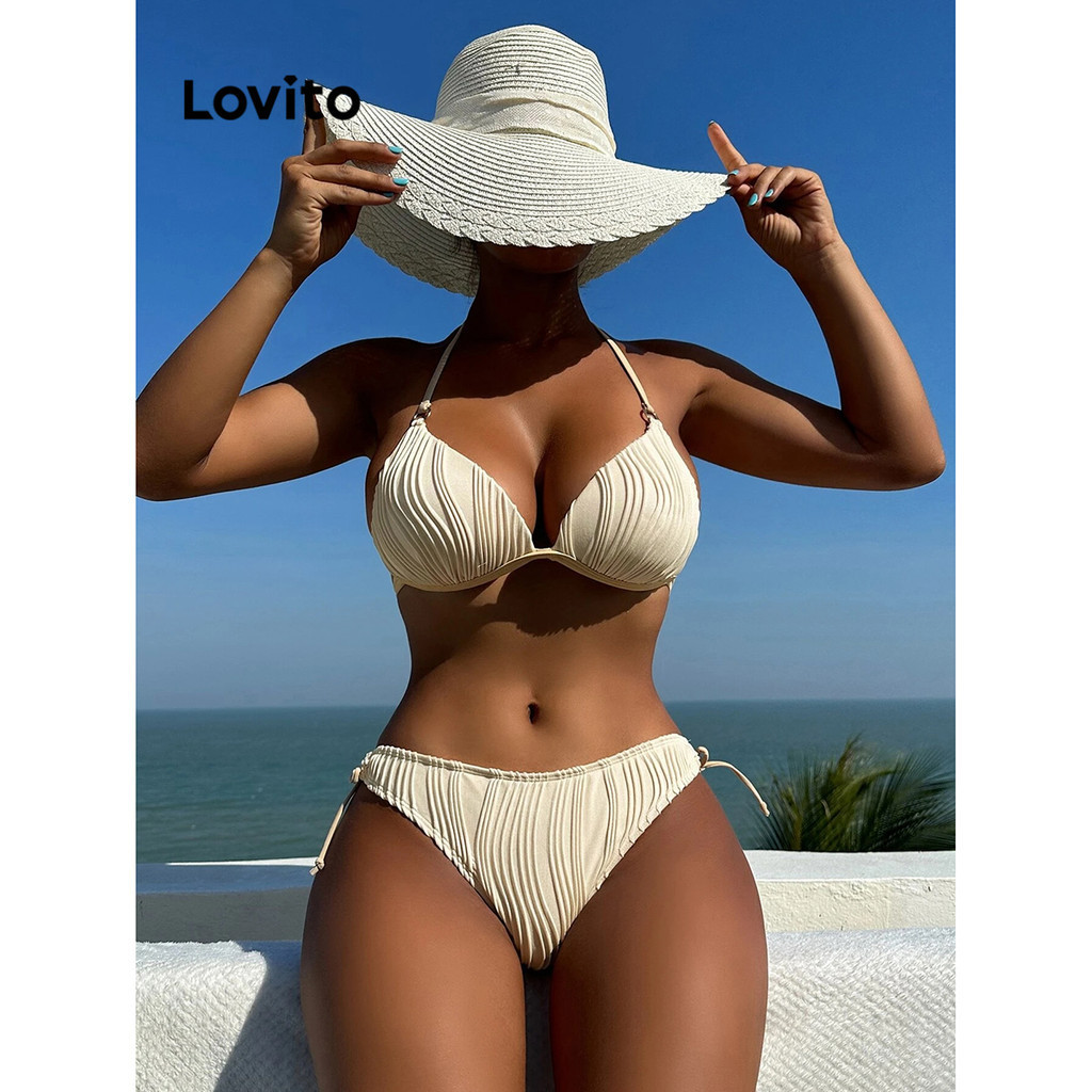 Lovito Conjunto De Biquíni Elegante De Tecido Com Textura De Renda Lisa Para Mulheres LNL47140