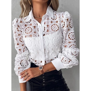 Blusas De Renda Para Mulheres Camisa Branca De Escritório Elegante Manga Longa Botão De Giro Colarinho Sexy Tops Ocos Moda Feminina