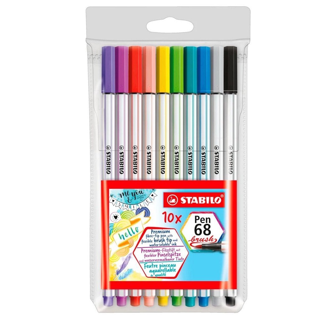 Caneta Stabilo Pen 68 Brush Estojo 10 Cores Ponta Pincel