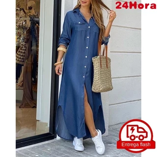 Vestido longo casual estampado com lapela feminino de manga comprida