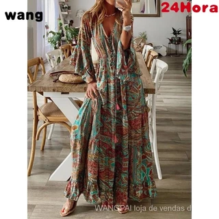 Vestido longo sotinho boêmio trompete manga feminina impressa v-Neck cintura alta vestido floral
