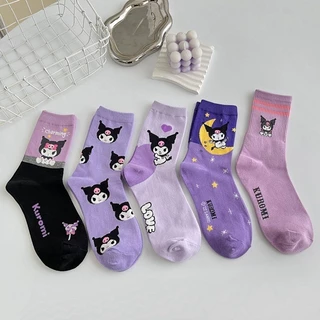 Sanrio Kuromi Meias Japonesas De Desenho Animado , Femininas De Tubo Médio De Algodão Penteado Roxo Longo De Bruxa (2)