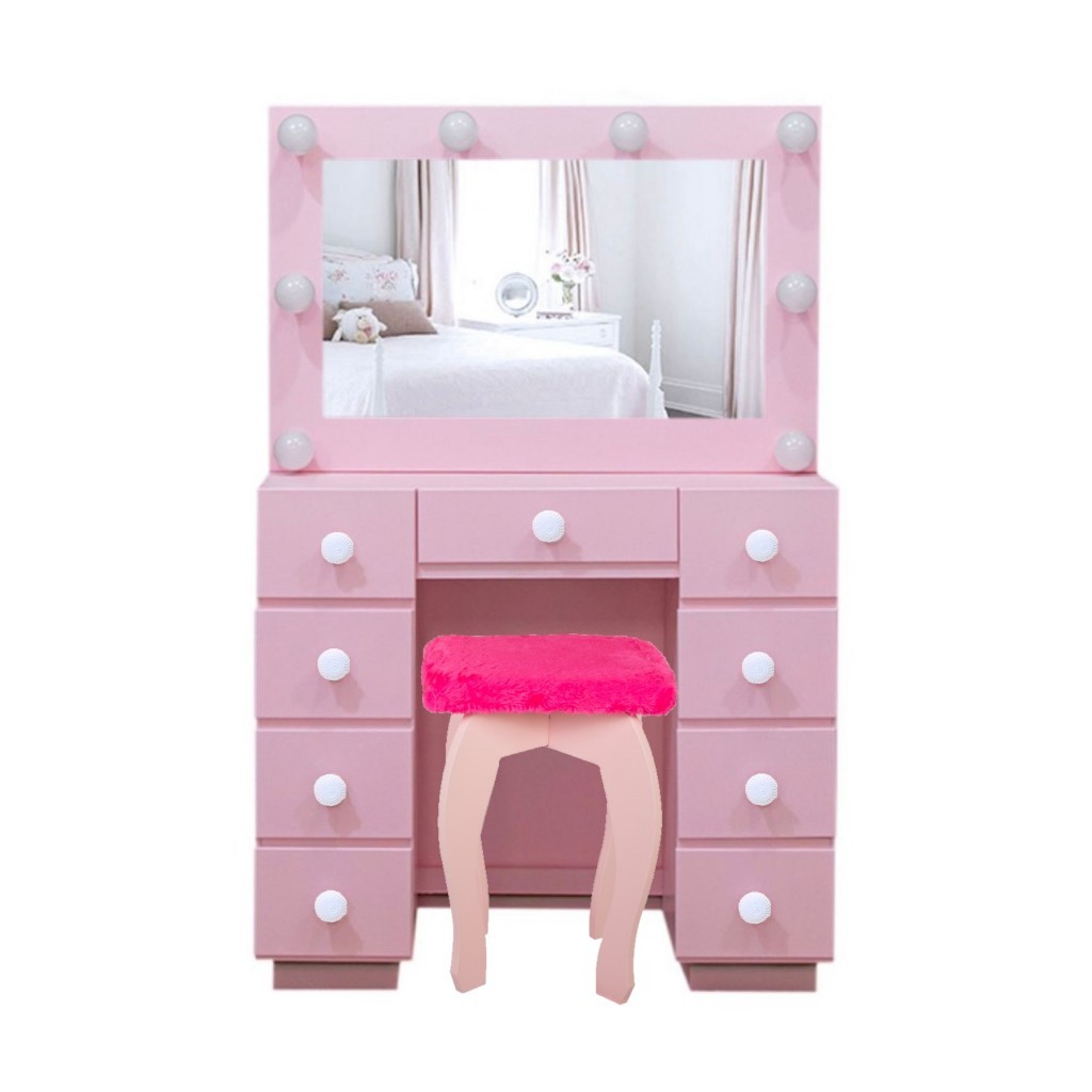 Penteadeira Camarim Rosa Infantil Completa com Banco, Espelho e Luz LED ...