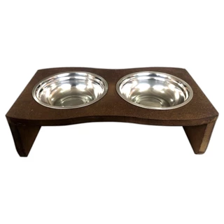 Comedouro Madeira Com 2 Potes Em Inox Para Pet Cachorro Gato MARROM