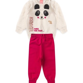 Conjunto Bebê Moletom Menina - Panda - Off White e Pink