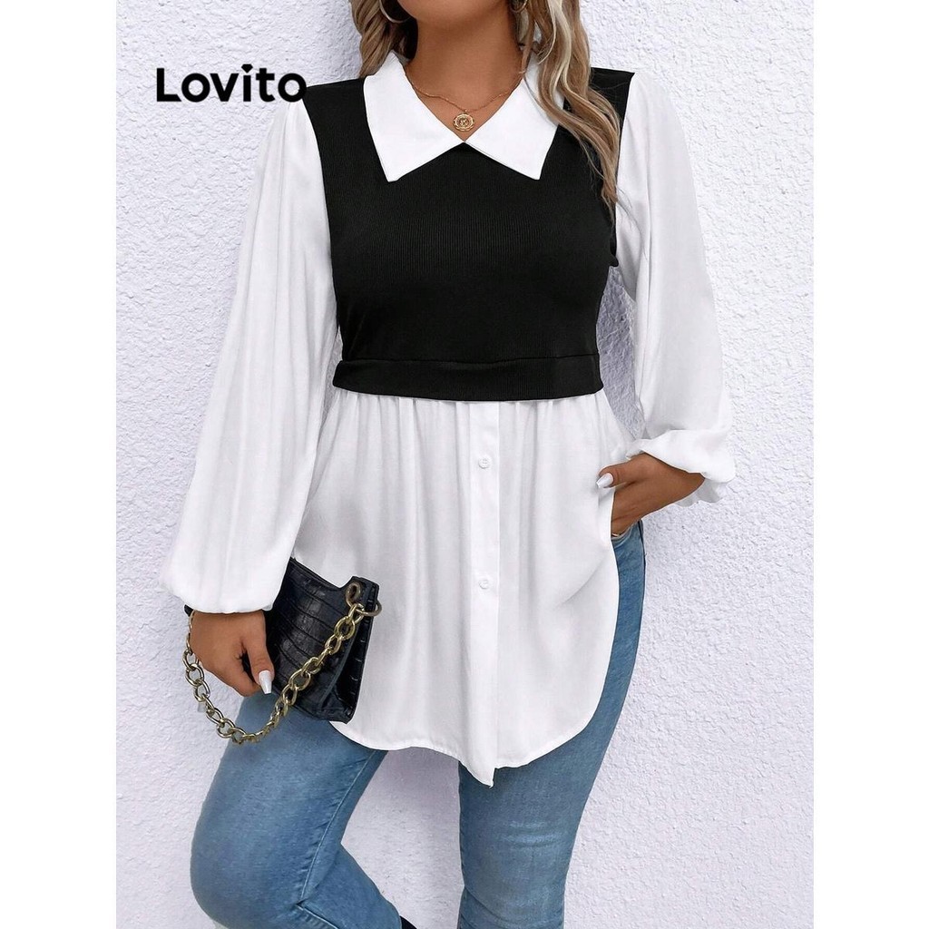 Lovito Blusa Feminina Plus Size Curva Casual Lisa Colorblock Babados Com Bainha LSE01045