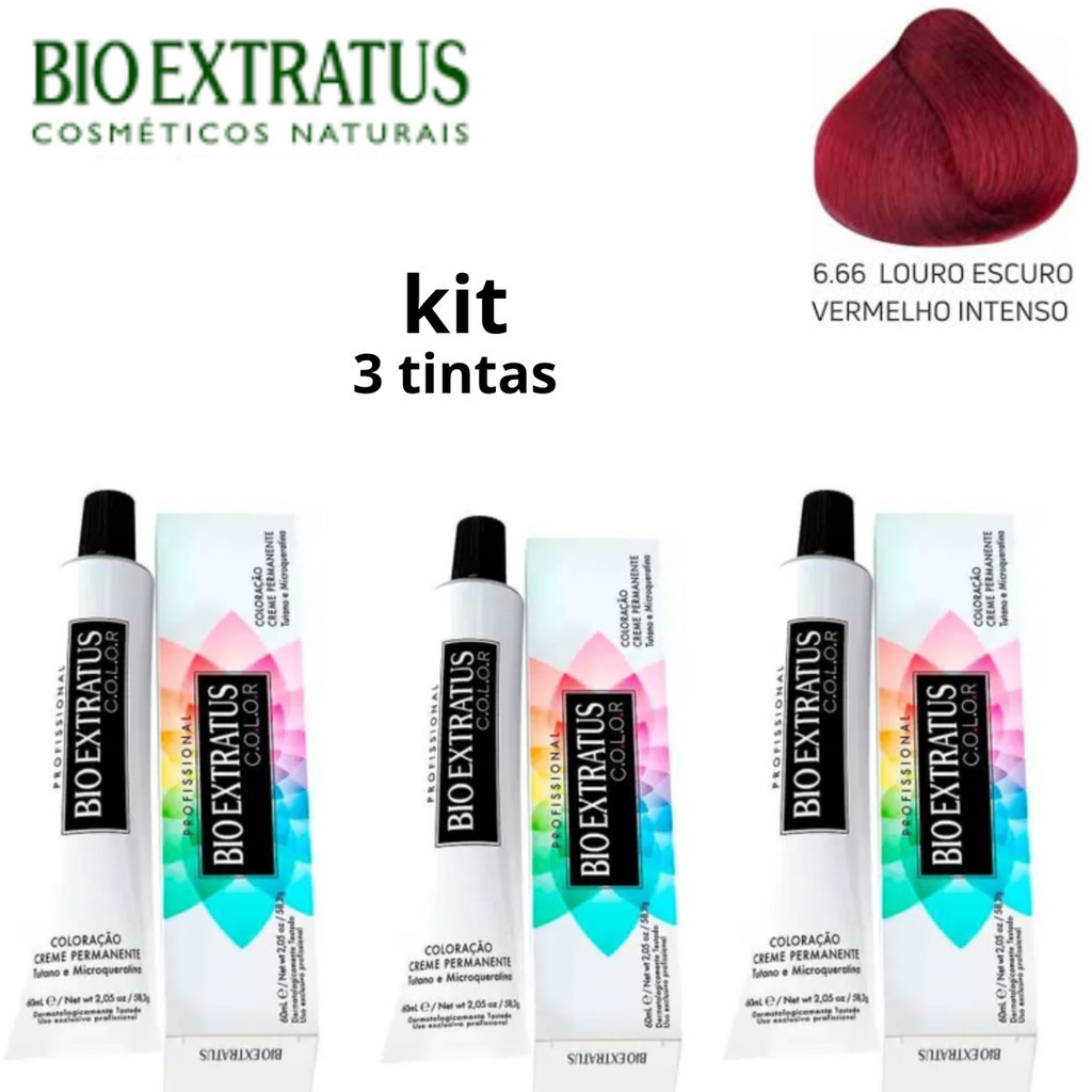KIT TINTA BIO EXTRATUS 6.66 LOURO ESCURO VERMELHO INTENSO- 3 UNIDADES ...