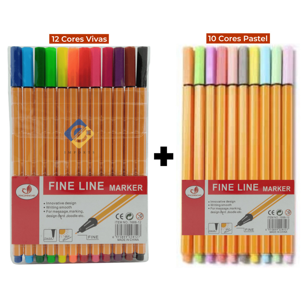 Kit Canetas Coloridas Fineliner Ponta Fina com 22 Cores e Tons Pastel