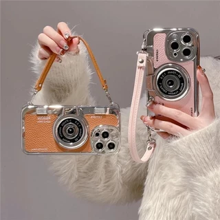 Luxo Fofo 3D Plating Camera Pattern Casing For iphone 15 Pro Max Plus Carcaça Com Alça De Pulso Caixa De Couro Para 14 13 12 Capa Traseira Macia À Prova De Choque