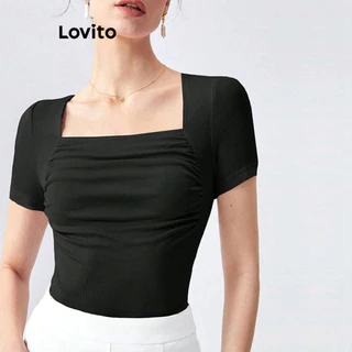 Lovito Casual Camiseta Feminina Simples de Malha com Nervura LNL36138 (Preto)