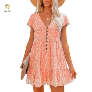 2024 Primavera Verão Moda Gola V Botão Pequena Floral Manga Curta Larga Casual Chiffon Vestido De Senhora