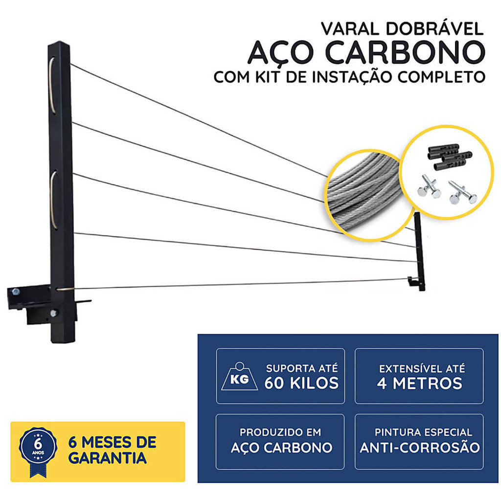 Varal Roupa Retrátil de Parede Compacto Até 60kg Resistente