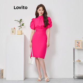 Lovito Vestido Elegante Liso Sem Costas Com Amarração Nas Costas E Mangas Bufantes Para Mulheres LNL35051 (Rosa Quente)