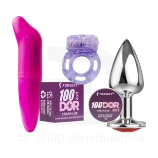 Kit Plug Anal Tamanho P + 100Dor 6X1 Cream Lub + Anel Estimulador + Vibrador Ponto G Liso