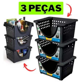 3 Cestos Organizadores Empilhável - Expositor Guarda Tudo Preto Arqplast