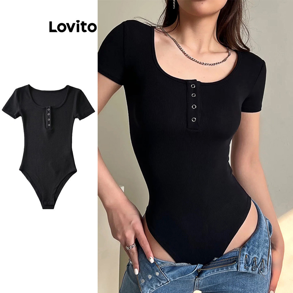 Lovito Body básico casual de metal com fivela lisa para mulheres LNE55280