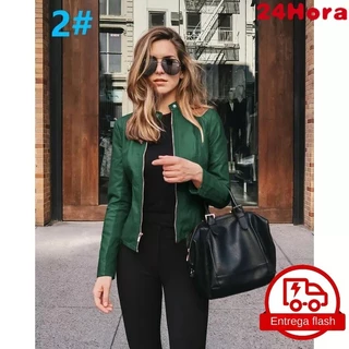 Jaqueta feminina plus size couro motocicleta PU curta slim manga longa gola alta com zíper