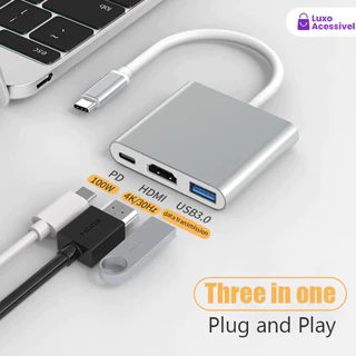 Conversor 4K 3 Em 1 Tipo C Para HDMI E USB 3.0 , Hub Com Caixa De Alumínio