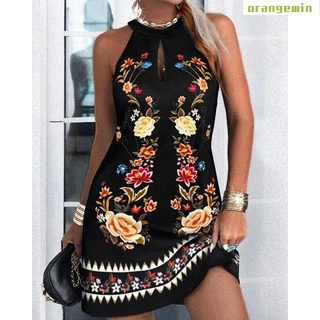 Mini Vestido Feminino Sem Mangas Boho Estampa Floral Casual Solto para Férias de Verão