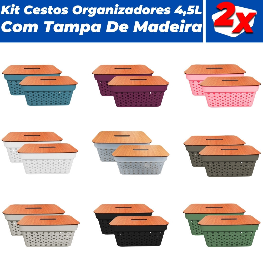 KIt 2 Cestos Organizadores Rattan 4,5L Com Tampa De Madeira