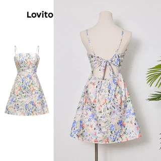 Lovito Boho Vestido com Amarração Tropical para Mulheres L80ED326(Multicolorido)