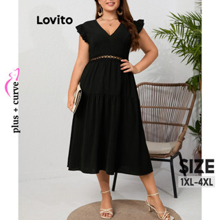 Lovito Vestido Plus Size Curvo Elegante Liso Sem Costas De Renda Para Mulheres LNL37174 (Preto)