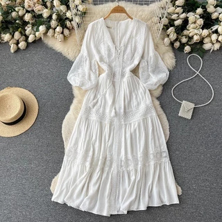 Primavera/Verão Vestidos Midi Slim De Cintura Alta Com Decote Em V Fina Linha A De Lanterna Femininos Manga Oca Renda Bordado Branco Festa De Férias Vestido Longo