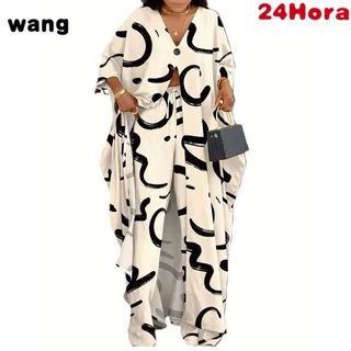 Conjunto feminino plus size estampado manga três quartos gola V blusa longa + calça