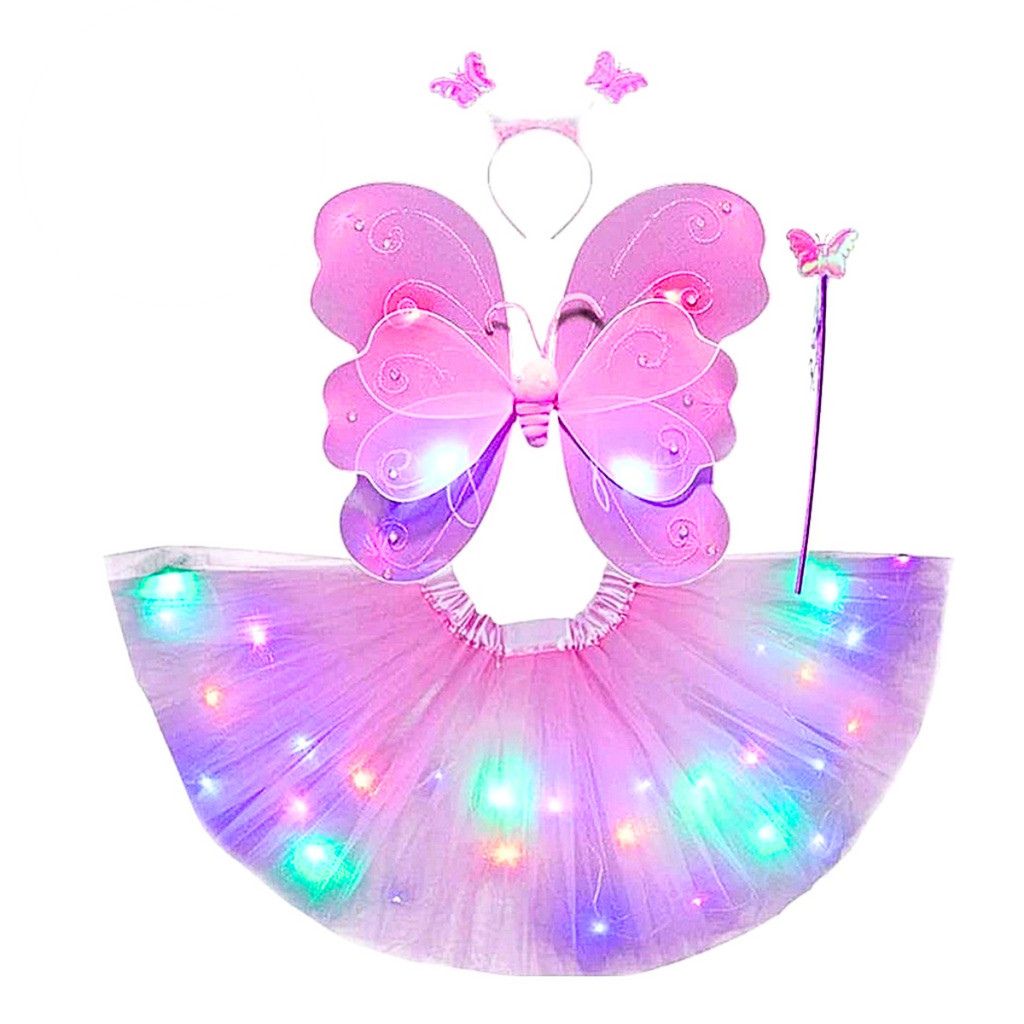 Fantasia Completa Infantil Borboleta Rosa 3 a 7 anos LED