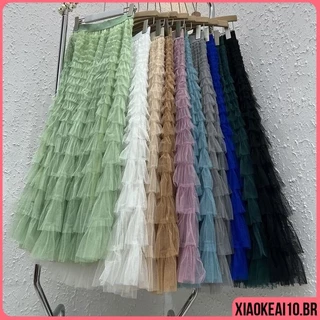 （40-100KG）Plus size Confortável Moda Cintura Alta Babado De adulto Lisa Puffy Elegante Social Saia midi tule camadas Elástica Saia De Bolo preta G3 Preto