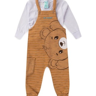 Conjunto Jardineira Bebê Moletom Menino - Urso - Marrom e Branco