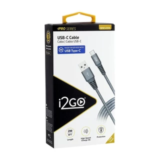Cabo Carregador USB para USB-C i2GO 2m 3A Carregamento Rápido Nylon Trançado Reforçado Cinza