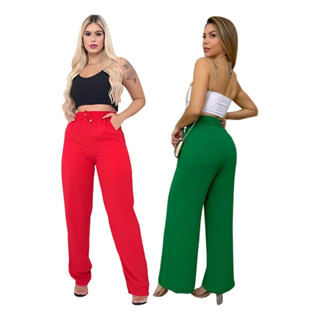 Kit 2 Calças Pantalona Alfaiataria Elástico E Laço Cintura