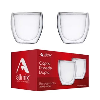 Kit Jogo Conjunto 2 Copos Vidro Parede Dupla 250ml